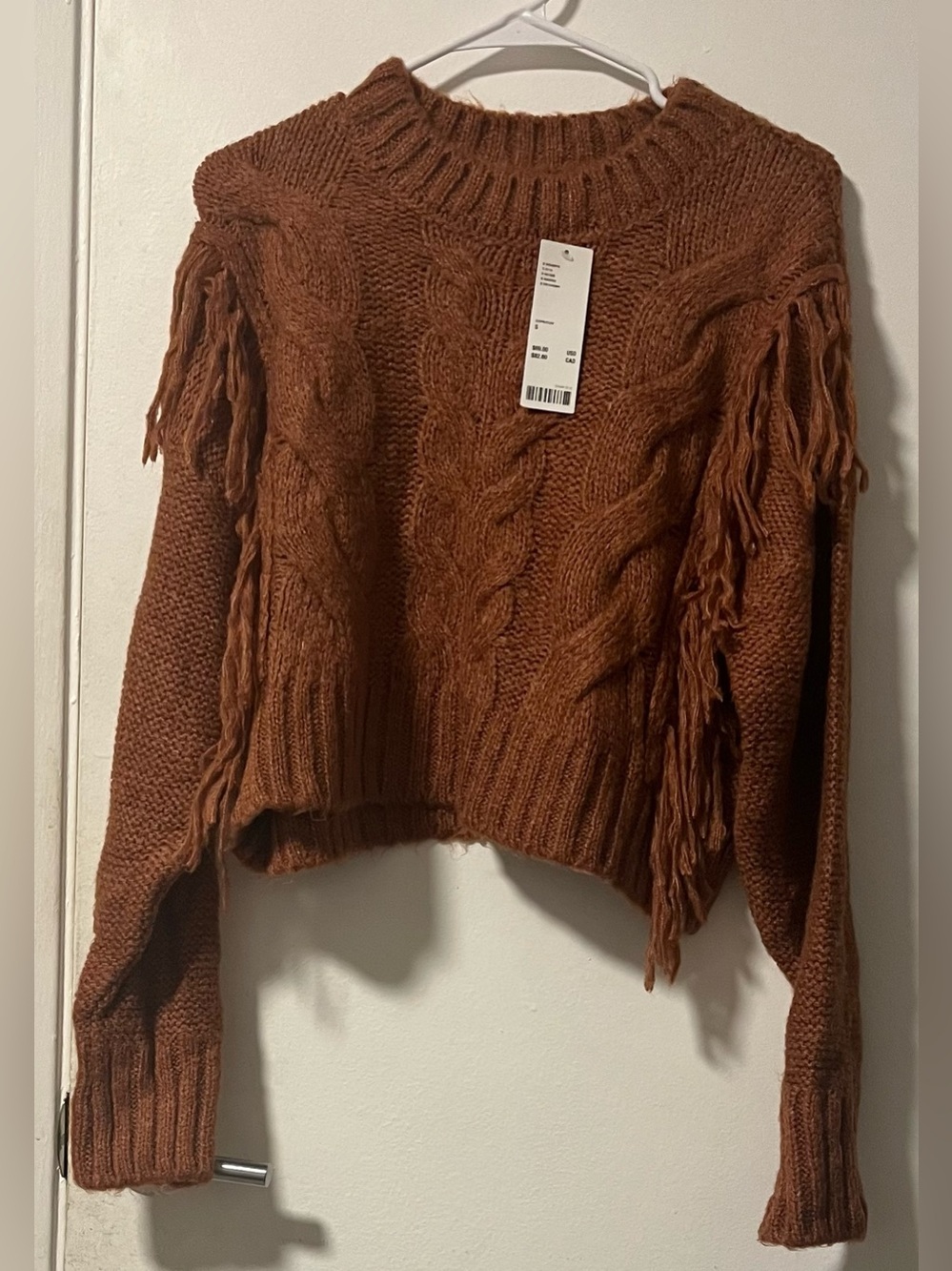 Urban Outfitters Rust Brown Fringe Cable Knit Crewneck Sweater